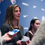 Sky Blue FC head coach Denise Reddy speaking with media at the 2018 NWSL College Draft.