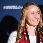 Mallory Eubanks addressing the media at the 2018 NWSL Collge Draft (Monica Simoes).