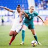 England's Nikita Parris and Germany's Lena Goessling during the 2018 SheBelieves Cup. (Monica Simoes)