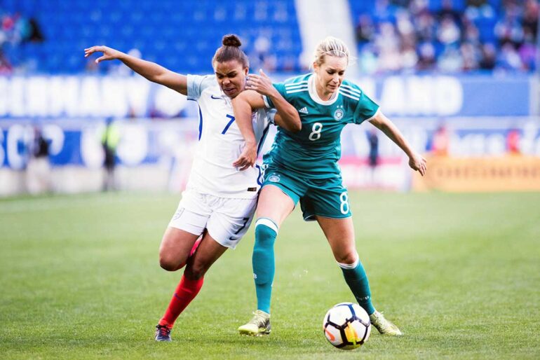 England's Nikita Parris and Germany's Lena Goessling during the 2018 SheBelieves Cup. (Monica Simoes)