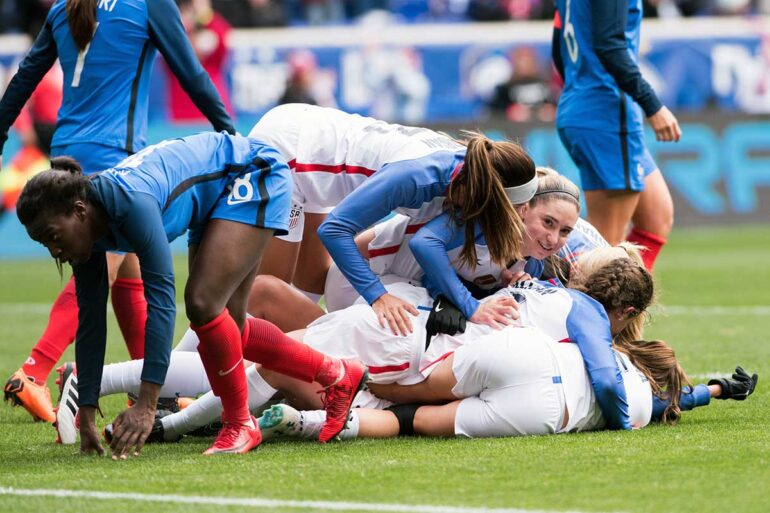 The U.S. Women's National Team celebrates after a goal at the 2018 SheBelieves Cup. We see you, too, Moe. (Monica Simoes)