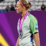 Alexandra Popp after accepting her runners-up medal after the 2018 Champions League final. (Daniela Porcelli)