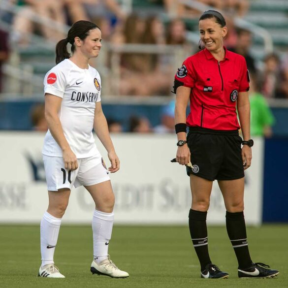 Diana Matheson (Utah Royals FC) shares a laugh with the ref. (Shane Lardinois)