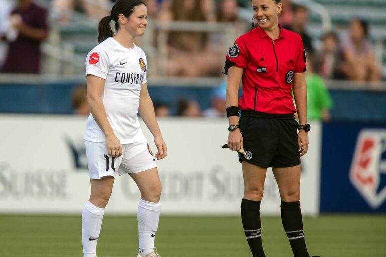 Diana Matheson (Utah Royals FC) shares a laugh with the ref. (Shane Lardinois)