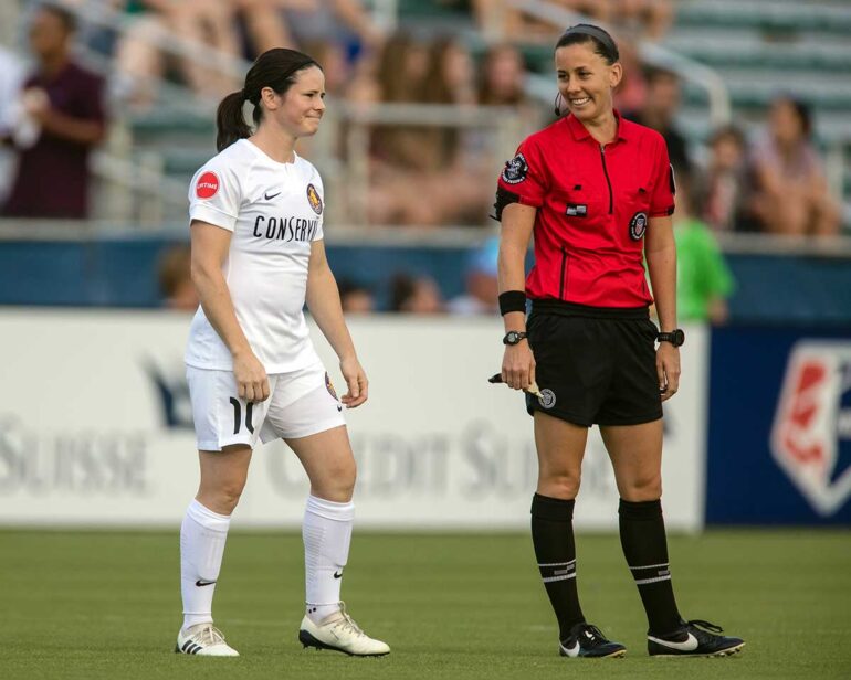 Diana Matheson (Utah Royals FC) shares a laugh with the ref. (Shane Lardinois)