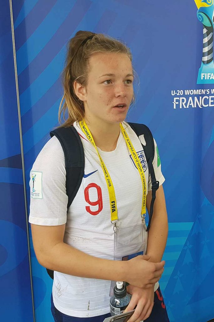 England U-20 player Lauren Hemp speaking to media after the match. (Richard Laverty)