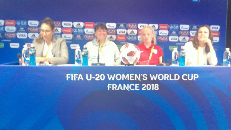 Players from England's U-20 team at the press conference before their first match at the 2018 U-20 World Cup.