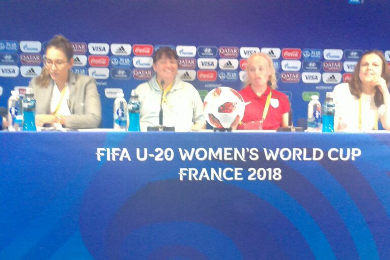 Players from England's U-20 team at the press conference before their first match at the 2018 U-20 World Cup.