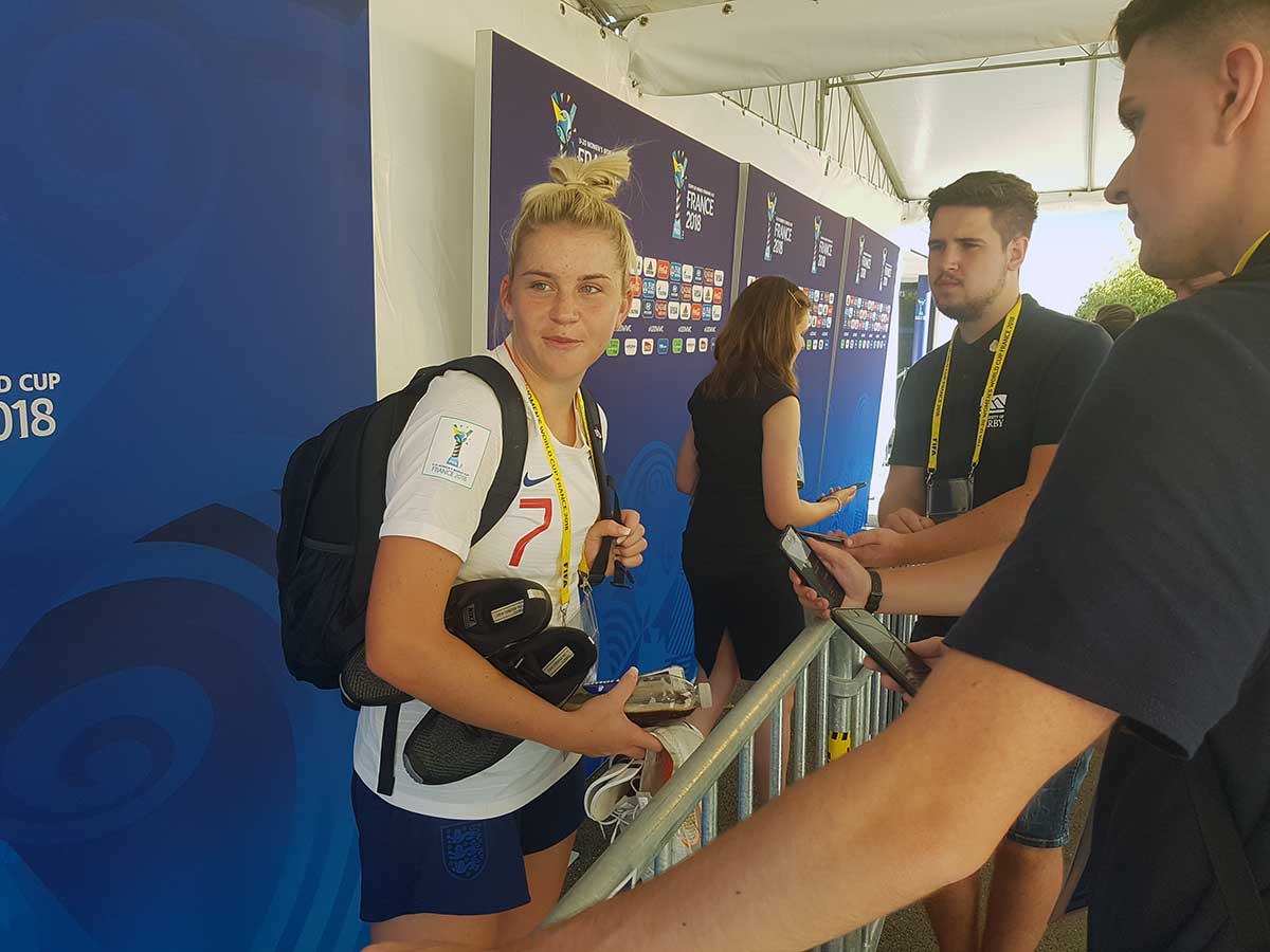 Alessia Russo speaks to the media after England's 3-1 win over Korea DPR. (Rich Laverty)