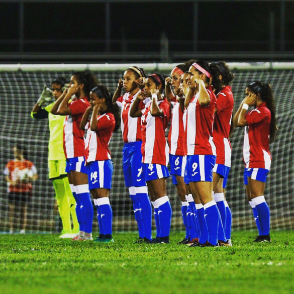 Members of the Puerto Rico Women's National Team silently protest against subpar treatment during a friendly against Argentina. (Nicole Rodriguez)