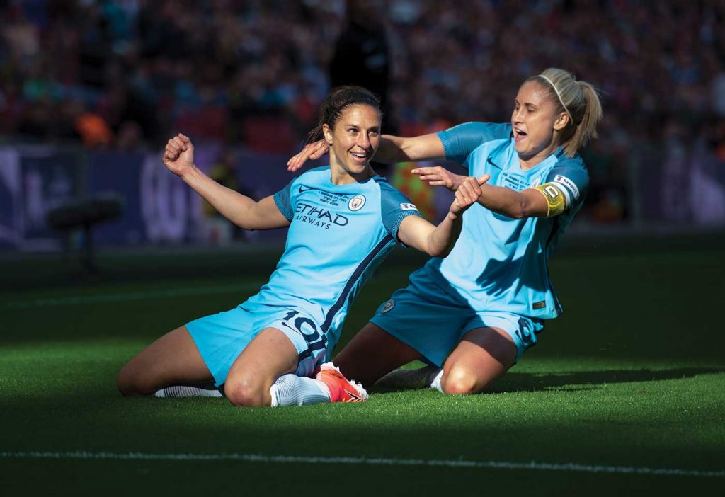 Carli Lloyd celebrating a goal while playing in Champions League with Manchester City. (Brad Smith/ISI)
