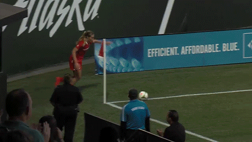 Goalkeeper Michelle Betos scoring on a last-minute header for the Portland Thorns FC.