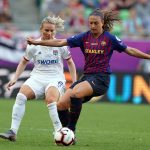 Lyon's Amandine Henry defending Barcelona's Alexia in the 2019 Champions League final. (Daniela Porcelli / OGM)