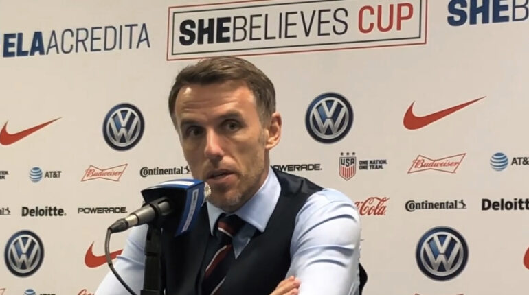 England head coach Phil Neville at a postgame news conference at the 2019 SheBelieves Cup.