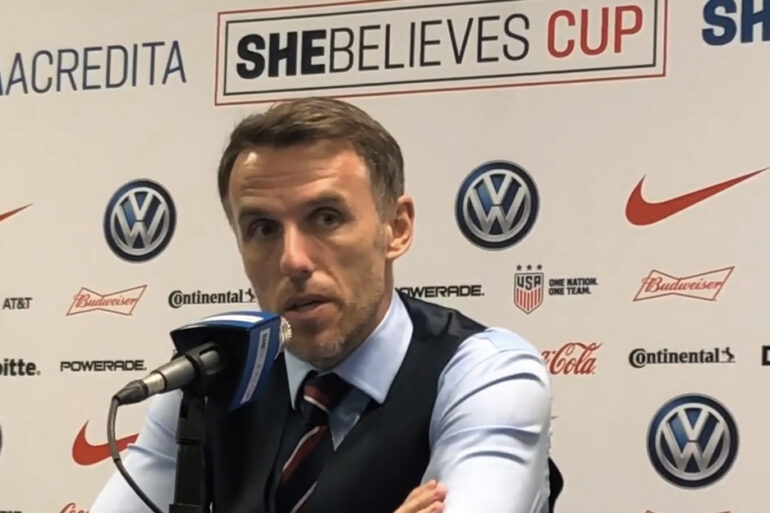 England head coach Phil Neville at a postgame news conference at the 2019 SheBelieves Cup.