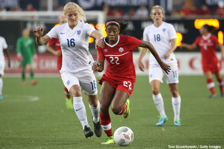 Canada's Ashley Lawrence against England. (Tom Szczerbowski / Getty Images)
