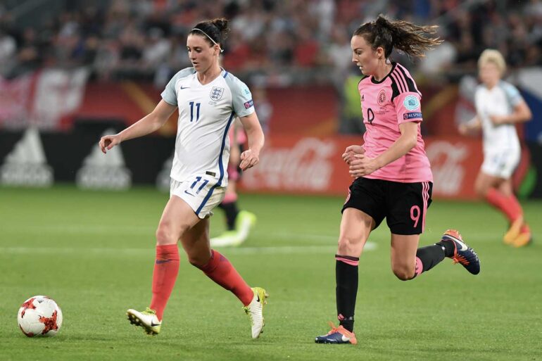 England's Jade Moore against Scotland's Caroline Weir during Euro 2017. (Ailura, CC BY-SA 3.0 AT [CC BY-SA 3.0 at (https://creativecommons.org/licenses/by-sa/3.0/at/deed.en)])