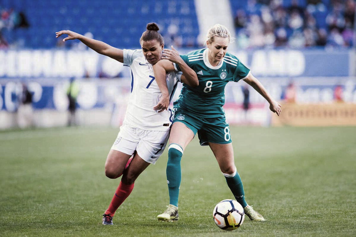 England's Nikita Parris and Germany's Lena Goessling battle for the ball during the 2018 SheBelieves Cup. (Monica Simoes/OGM)