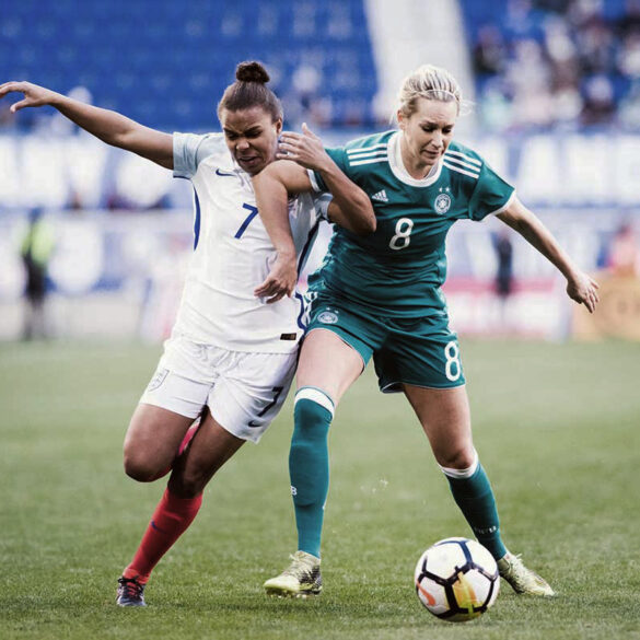 England's Nikita Parris and Germany's Lena Goessling battle for the ball during the 2018 SheBelieves Cup. (Monica Simoes/OGM)