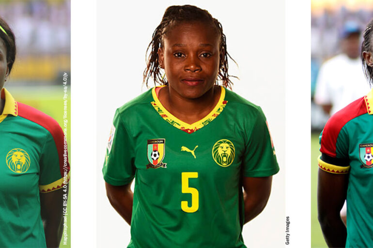 Headshots for Augustine Ejangue, Raissa Feudjio, and Ajara Nchout Njoya for Cameroon. (Happiraphael and Getty Images)