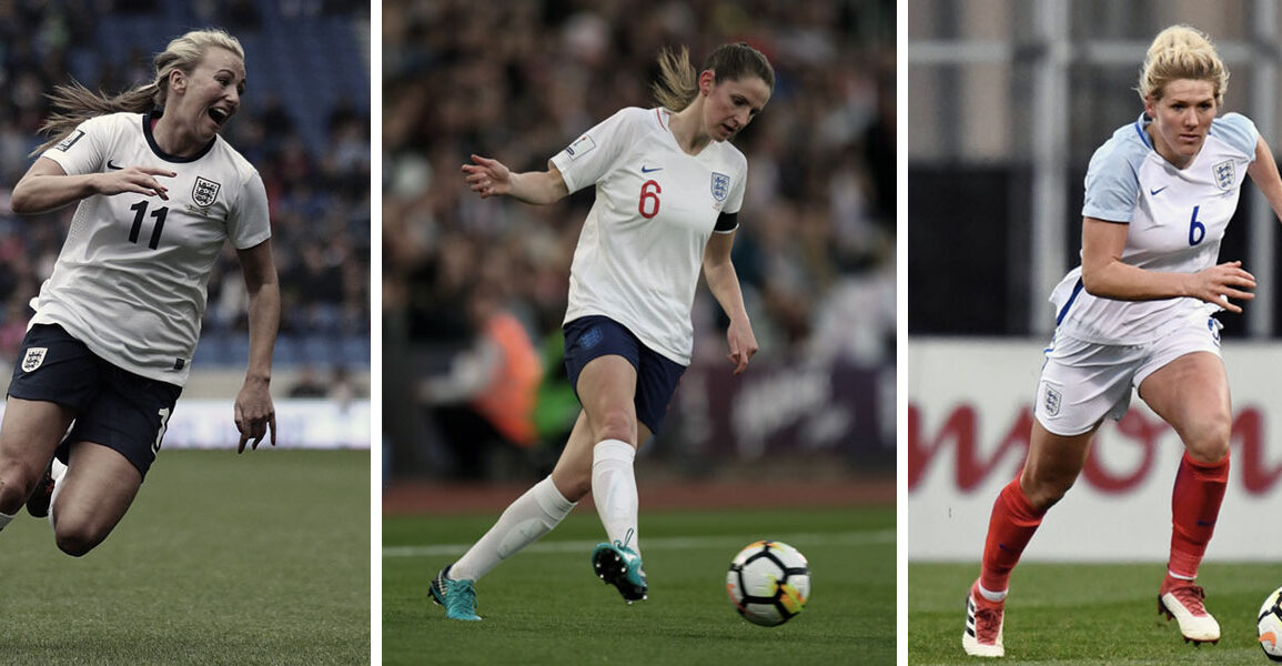 England's Toni Duggan, Abbie McManus, and Millie Bright.