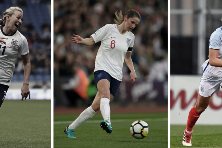 England's Toni Duggan, Abbie McManus, and Millie Bright.