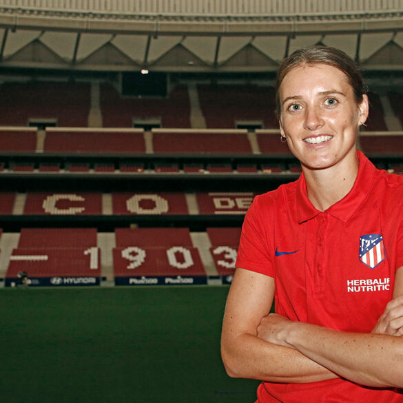 Jade Moore in Atletico Madrid polo shirt with the stadium as a background. (Atletico Madrid)