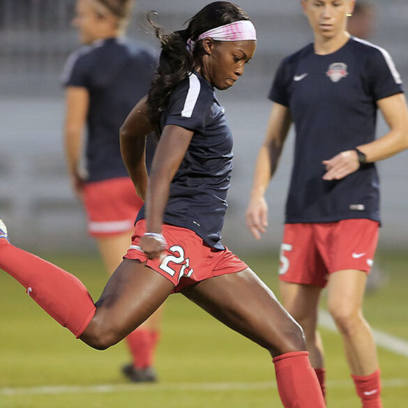 Cheyna Matthews kicking the ball during warm-ups with the Washington Spirit. (Washington Spirit)