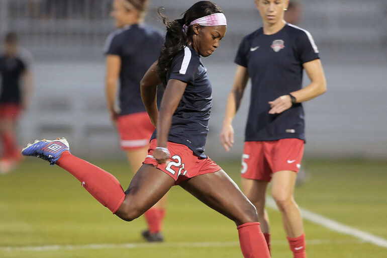 Cheyna Matthews kicking the ball during warm-ups with the Washington Spirit. (Washington Spirit)