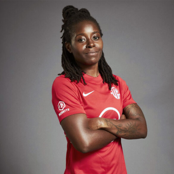 Sue Kumaning in her Ultimate Goal kit. (BT Sport)