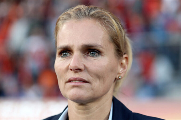 Close-up of Sarina Wiegman, head coach on England and former head coach of the Netherlands.