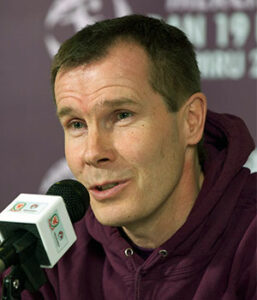 Jarmo Matikainen, head coach of Estonia, speaking during a press conference.