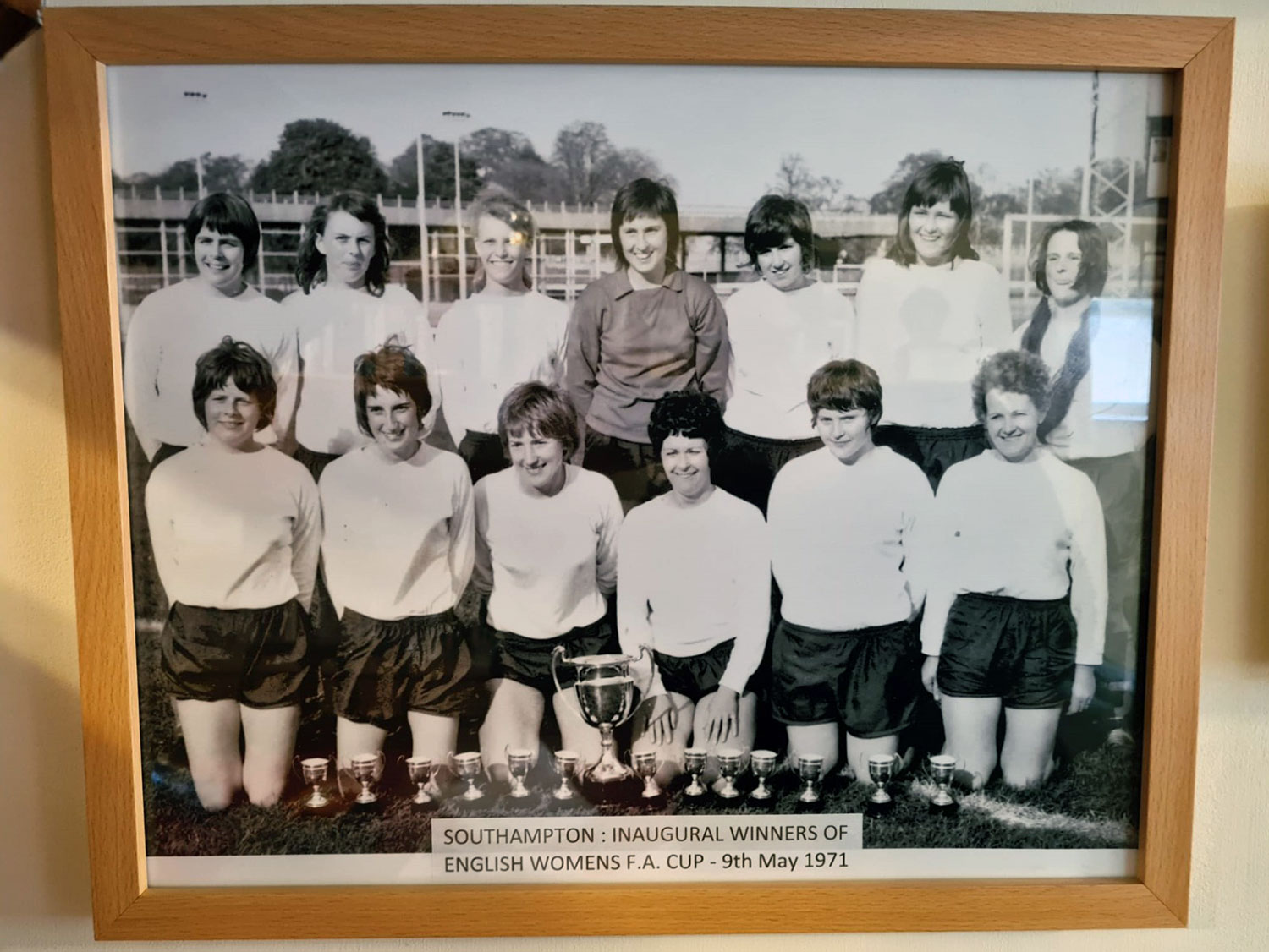 Photo of framed picture of 1971 Southampton squad that won the first FA Women's Cup. (Lesley Lloyd)