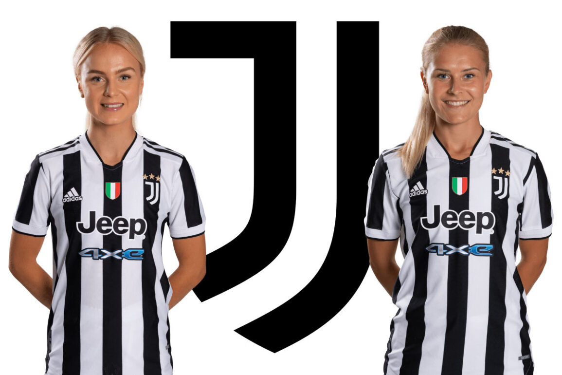 Matilde Lundorf and Amanda Nilden in front of Juventus logo. (Juventus)