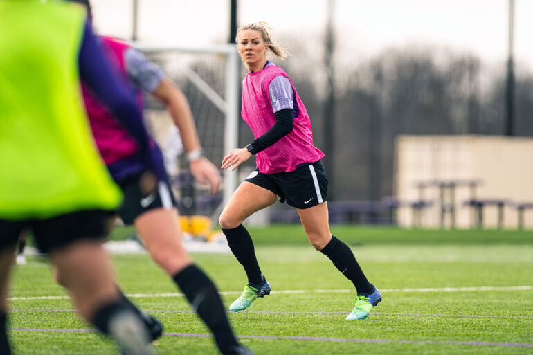 Defender Gemma Bonner training with Racing Lousivelle FC in 2022. (Conor Cunningham / Racing Louisville FC)