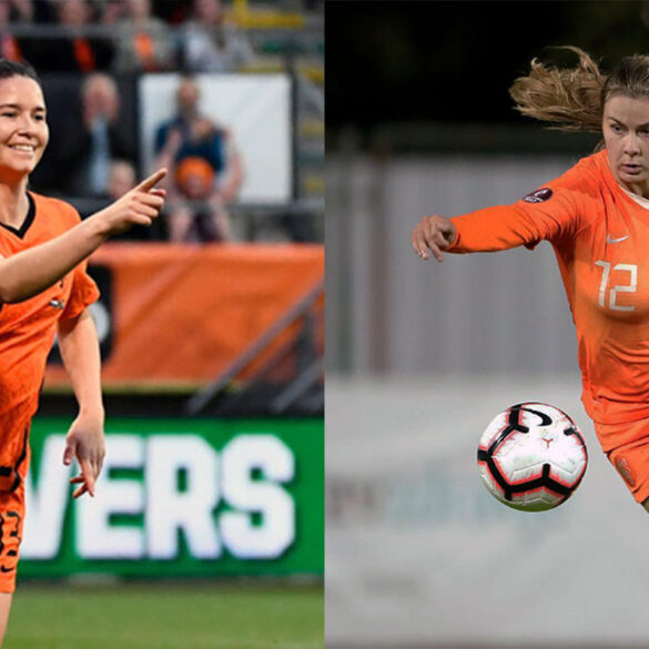 The Netherlands' Damaris Egurrola and Victoria Pelova in action on the field. (Getty Images / KNVB Media)