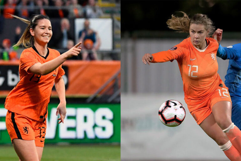 The Netherlands' Damaris Egurrola and Victoria Pelova in action on the field. (Getty Images / KNVB Media)