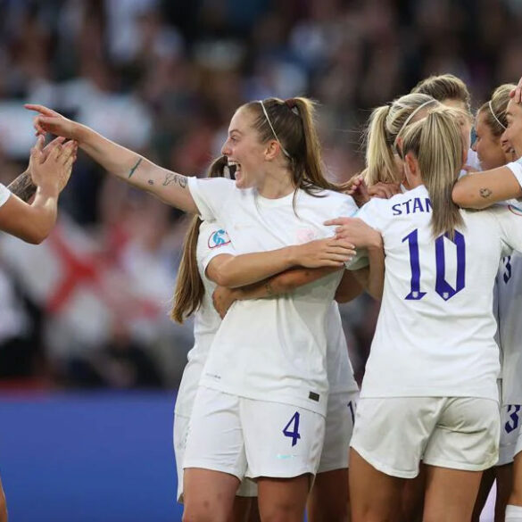 England celebrates during its Euro 2022 semifinal match against Sweden. (Getty Images)