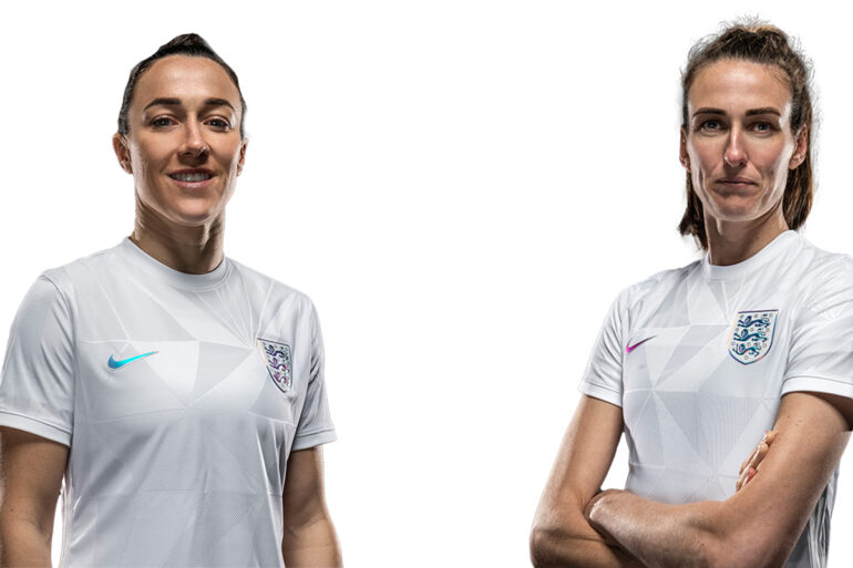 Headshots of Lucy Bronze and Jill Scott in England's Euro 2022 kit. (The FA)