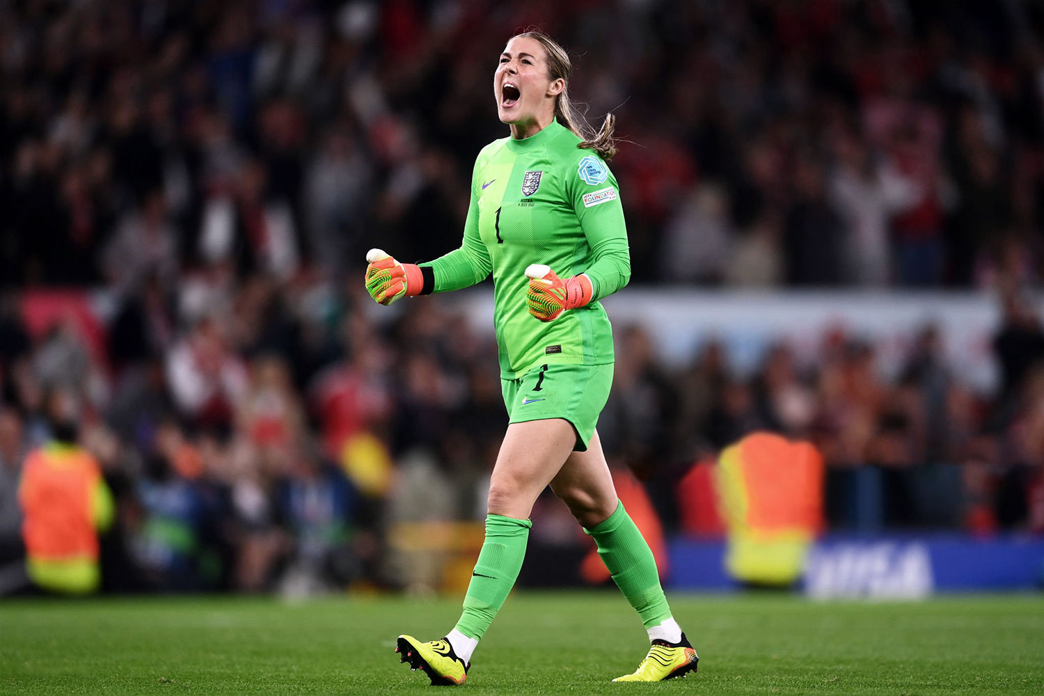 Mary Earps celebrates England's win over Sweden in the England 2022 Euro semifinals. Laurence Griffiths / Getty Images