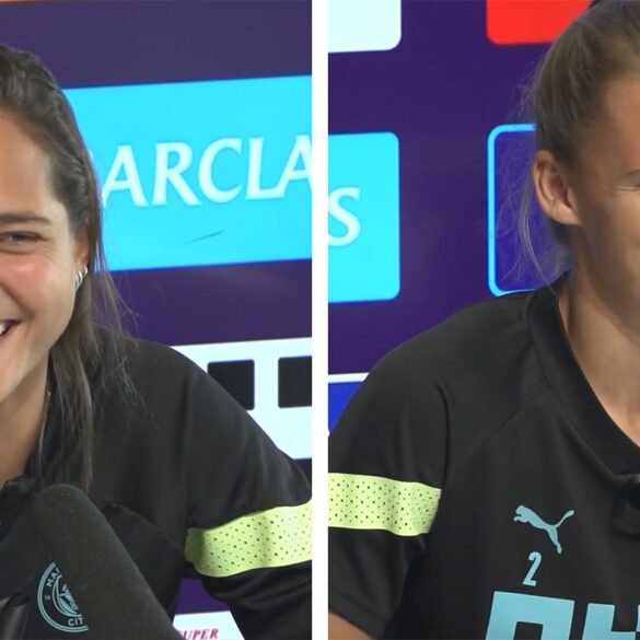 Deyna Castellanos and Kerstin Casparij doing media for Manchester City.