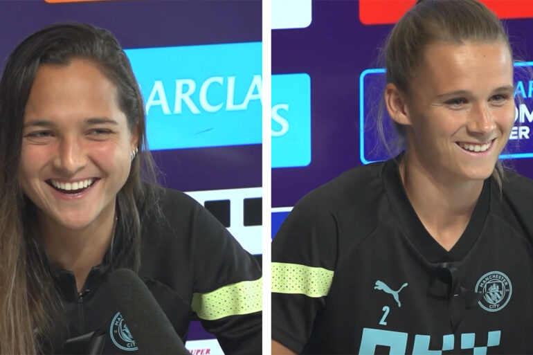 Deyna Castellanos and Kerstin Casparij doing media for Manchester City.