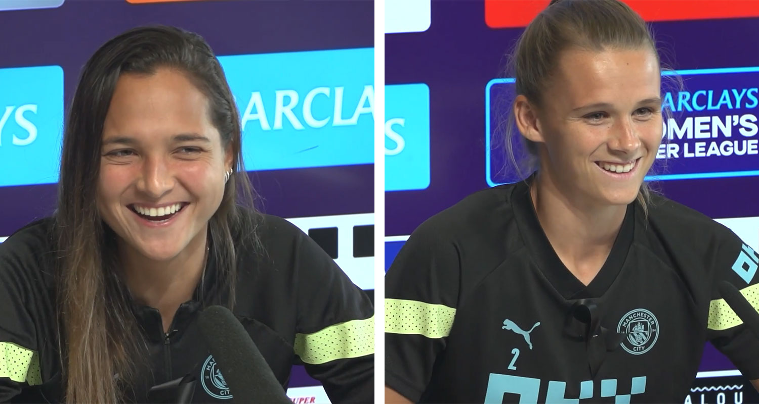 Deyna Castellanos and Kerstin Casparij doing media for Manchester City.