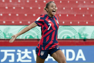 Alyssa Thompson celebrates during the U-20 World cup. (Ezequiel Becerra/AFP via Getty Images)