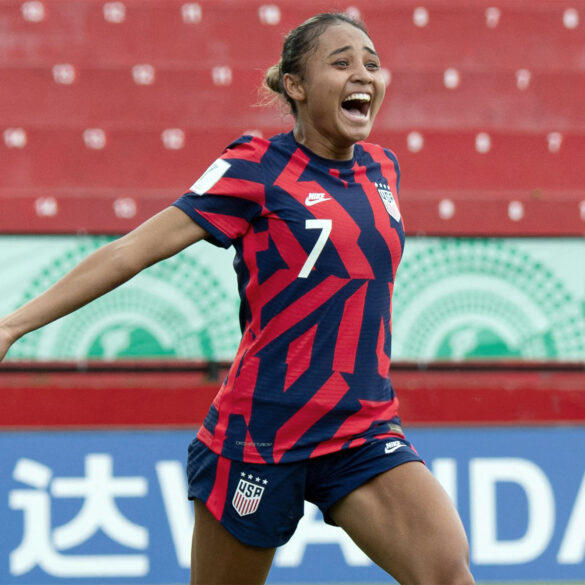 Alyssa Thompson celebrates during the U-20 World cup. (Ezequiel Becerra/AFP via Getty Images)