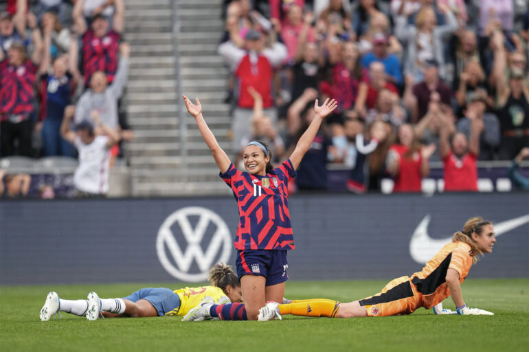 Sophia Smith celebrating against Colombia. (Brad Smith / ISI Photos / Getty Images)