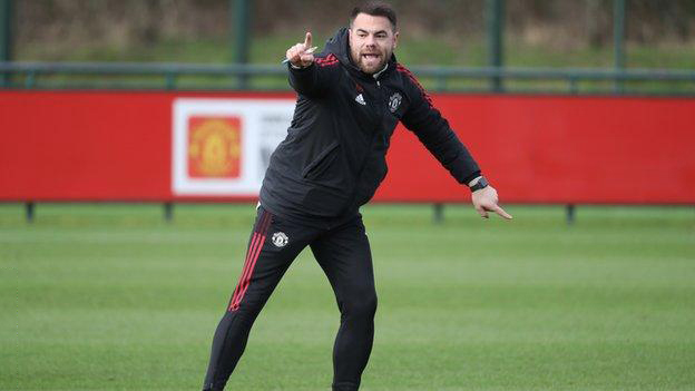 Manchester United assistant coach Martin Ho during training. (Manchester United/Getty Images)