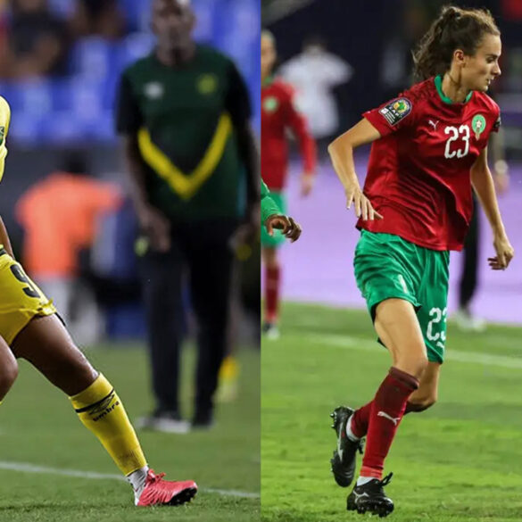 Drew Spence playing for Jamaica and Rosella Ayane playing for Morocco. (Azael Rodriguez / Fadel Senna / Getty Images)