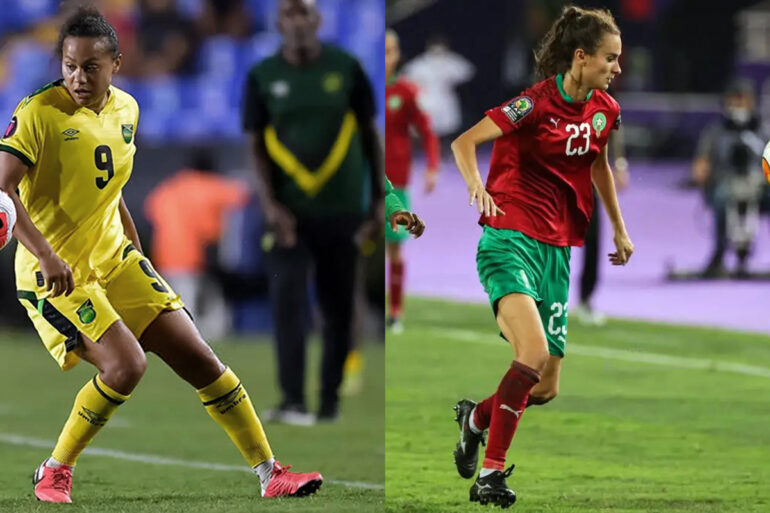 Drew Spence playing for Jamaica and Rosella Ayane playing for Morocco. (Azael Rodriguez / Fadel Senna / Getty Images)