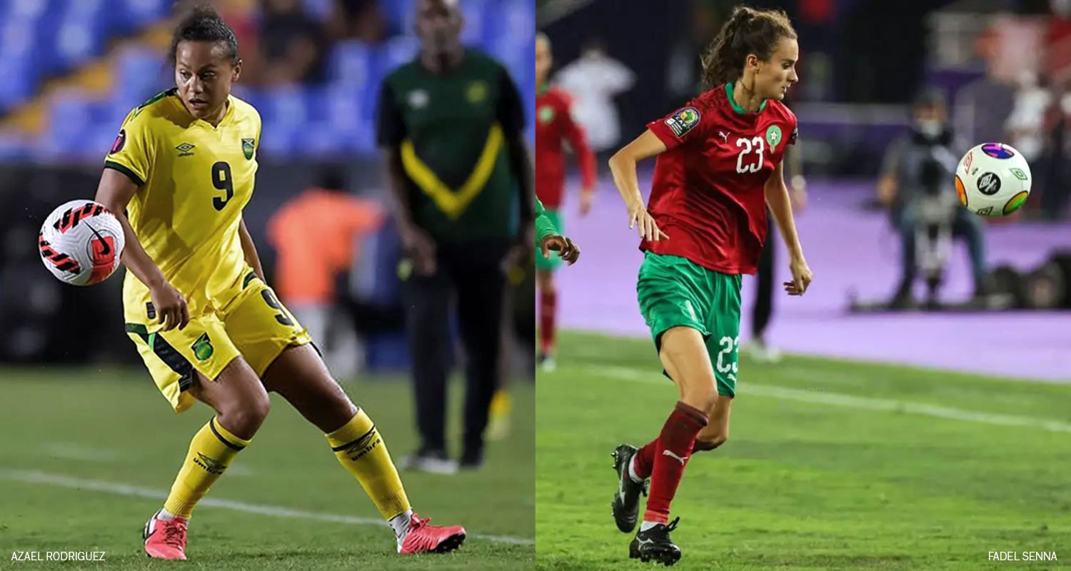 Drew Spence playing for Jamaica and Rosella Ayane playing for Morocco. (Azael Rodriguez / Fadel Senna / Getty Images)